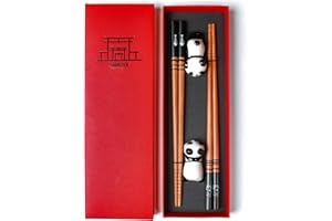 Nasakota Wooden Chopsticks Set 2 Pairs Reusable Chopsticks with Ceramic Panda Rest, Japanese Chinese Chop Sticks for Sushi, Ramen, Noodles, Rice