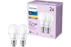 Philips LED Frosted A60 Light Bulb 2 Pack [Warm White 2700K - E27 Edison Screw] 60W, Non Dimmable. for Home Indoor Lighting, Value Range