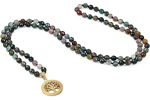 COAI Collana Mala Buddista 108 Perle di Pietre Naturali Annodate a Mano con Ciondolo in Acciaio Inox