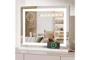 Moziel Specchio da Trucco 58X48CM con Bluetooth Hollywood con Luci, Montato a Parete o sul Tavolo, Tre Colori di Luce e Funzione di Luminosità Regolabile