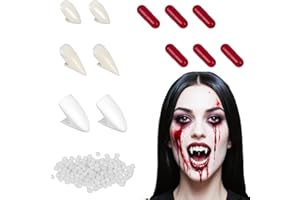 PAPU Vampir Zähne Set - 3 Größen Vampirzähne & 6 Blutkapseln mit Kunstblutpuder & Zahnkleber,Zähne Vampir Fangs Kinder Erwachsene Kunstblut Gefälschte Vampirgebiss Teeth für Halloween Kostüm Accessoires