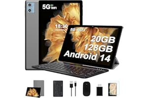 SUAAT 2024 Nouvelle Tablette 10 Pouces Android 14 avec 20Go RAM + 128Go ROM (1To TF Extensible), WiFi 6, 5G WiFi,8Cœurs, GMS Certified Widevine L1, Tablette Tactile avec Etui| Clavier| Souris -Gris