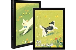 KAIWIN Kids Art Frames, 2 Pack A4 Fillable Front Opening Photo Frames, Holds 150 Drawings, Childrens Storage Frame Changeable, Wooden Kids Artwork Display Frame, Black