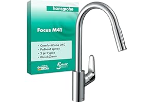 hansgrohe Focus M41 - Mitigeur de cuisine avec douchette extractible, 2 jets, Robinet avec hauteur sous bec 240 mm, Robinetterie avec bec pivotant et extensible, Chromé, 31815000