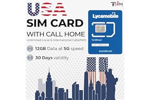 TSIM USA-SIM-Karte für Reisen in die USA. Unbegrenzte lokale und Internationale Anrufe/SMS Anrufe kostenlos nach Hause rufen! Aktualisierter 5G-Plan mit Hotspot/Tethering! (12 GB x 1 Monat)