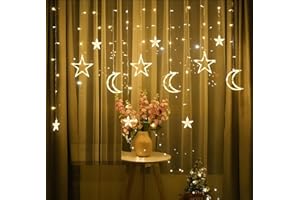 Deyaah 3.5m Star Moon Curtain String Light, LED Christmas Fairy Lights, Waterproof Hanging Window Star Moon Night Light for Ramadan, Christmas, Wedding, Party, Home, Terrace, Lawn (Warm White)