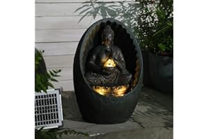 BUMILGAR Solar Buddha Springbrunnen mit LED-Lotus-Funktion für Zen-Meditation – Innen- und Außendekoration (Wohnbereich，Büro，Garten, Terrasse, Wohnzimmer) – 40x32.5x27cm Black
