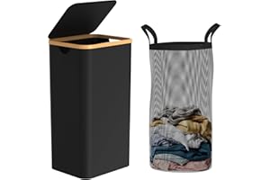 NOPWOK Panier à linge fin avec couvercle, 100 l, noir, étroit, avec sac amovible, élégant pour salle de bain, chambre et buanderie