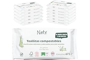 ECO BY NATY Naty toallitas para bebé Aloe sin perfume | 98% agua purificada | Piel sensible | Suaves para recién nacidos | De origen vegetal, sin plástico | Certificadas compostables | 672 unidades (12 paquetes)