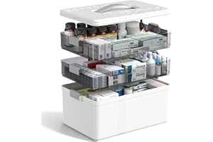 Pikasser Boîte à Médicaments Rangement à 3 Niveaux Avec Poignée Portable, Plateau Amovible Boîte à Médicaments Multifonctionnelle pour un Rangement Sûr à la Maison Blanche (34 x 22 x 24,5 cm)