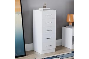 Vida Designs 5 Drawer Narrow Chest Tall Bedroom Storage Unit Sliding Drawers Bedroom Furniture (White)