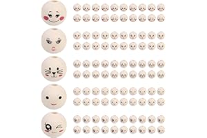 Obrjoyfly 100 Stück Holzperlen mit Gesicht, Holzkugeln mit Gesicht mit 5 Stile, 20mm Weihnachten Holzperlen Natur für DIY Bastelarbeiten Dekorationen, Basteldekoration, Winter-Dekorationen