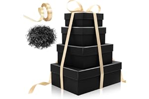 SEKEPINGO Paquete de 4 cajas de regalo cuadradas con tapas, caja de propuesta de cartón, caja de regalo apilable negra con cinta, caja de regalo de rafia pequeña, mediana y grande para fiesta de cumpleaños,