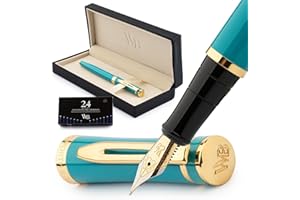 Wordsworth & Black - Juego de plumas estilográficas, pluma dorada media de 18 quilates, 24 cartuchos de tinta, convertidor de recarga de tinta y estuche de regalo, para caligrafía, turquesa y dorado