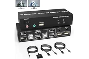RYTAKI PRO KVM Switch 2 PC 2 Monitor Display Port + HDMI 4K@60Hz Switch Dual Monitor con Uscita Microfono Audio e 3 Porte USB, Monitor PC Tastiera Mouse Switcher