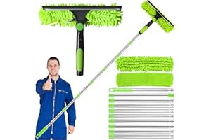 HELISAN 4.5M Window Squeegee Cleaning Equipment, 3-IN-1 Extendable Window Cleaning Kit with 10 Pole, 2 Microfiber Cloth Brush &Squeegee, Telescopic Window Cleaner Pole for High Window, Wall, Car Glass