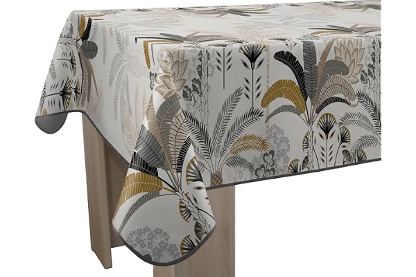 Le Linge de Jules Nappe Anti-Taches Palmiers - Rectangle 150 x 240 cm, Beige, Gris, Noir