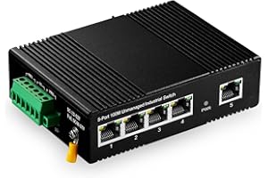 Binardat Switch Ethernet Industrial de Carril DIN de 5 Puertos , 4 Puertos y 1 Enlace Ascendente 10/100 Mbps, Montaje en Pared sin Ventilador, con una Fuente de alimentación