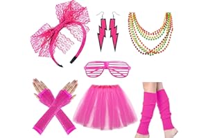 HOTSO 80s Fancy Dress Costume Accessories Women 1980s Fancy Party Accessories Set Neon Rainbow Tutu Skirt Leg Warmers Lace Bow Headband Earrings Fishnet Gloves Necklace Retro Sunglasses
