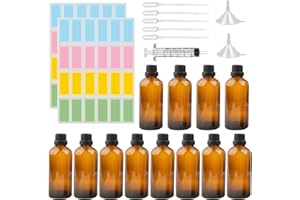 VAILEAL 12 X 50ml Dropper Bottles, Amber Glass Bottle with Glass Pipette, Dropper Pipettes Come with 2 Stainless Steel Funnel & 2 Lables, Tincture Bottles for Essential Oil Massage Aromatherapy Eye Drops
