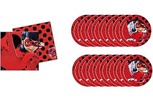 ALMACENESADAN 0460 Pack Lady Bug, Miraculous Ideale per Feste e Compleanni 12 Piatti e 20 tovaglioli, Multicolore, 8435510304607