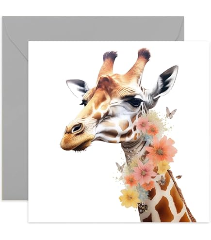 Geburtstagskarte Für Stiefmütter – Süßes Design Mit Giraffe & Blume, Innen Leer Zum Selbstgestalten | 150x150mm, Dickes Papier, Mit Umschlag | Von Old English Co.