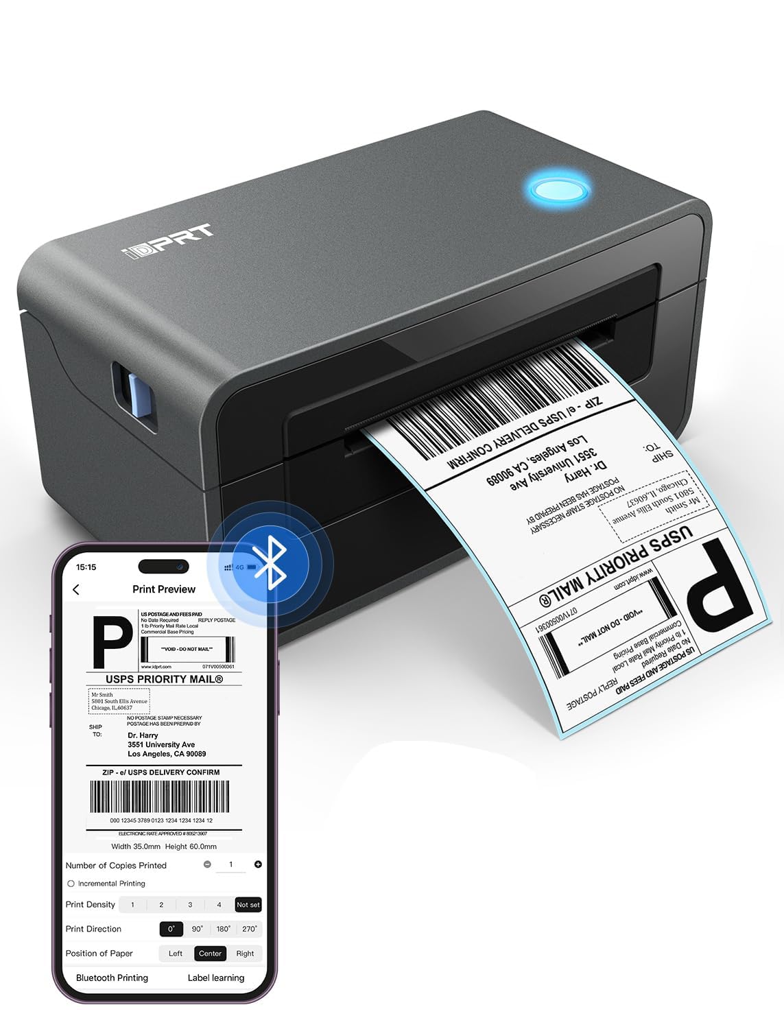 iDPRT Bluetooth Thermal Label Printer, 4x6 Inch Thermal Shipping Label Printer for USB/Phone, Support Windows/Mac/iOS/Android