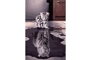 AIHONMIN Peinture à l'huile par numéros pour adulte - Réflexion des animaux - Noir, blanc, chaton ou tigre - Kit de peinture aquarelle pour débutants et enfants - Décoration murale