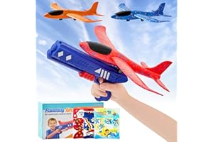 Dekewe Flugzeug Spielzeug, 7pcs Styroporflieger Set, Katapult Pistole Outdoor Spielzeug mit Flugzeug Styropor und Aufkleber, Wurfgleiter Garten Spielzeug Geschenke Jungen Mädchen ab 6 7 8 9 10 Jahre