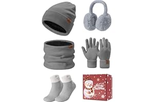 PASUDA Knitted Hat and Scarf Set 5 PCS Winter Warm Sets Fleece Lined Beanie Hat Touch Screen Gloves Plush Ear Warmers Neck Warmer Thermal Socks Set for Girls Ladies Sports Skiing Outdoor