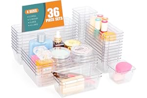 Cinnani 36 Organizadores de Cajones Transparentes con Cajas de Almacenamiento de Plástico de 4 Tamaños,Organizadores de Cosméticos Transparentes Antideslizantes para Baño,Tocador,Cocina,Oficina