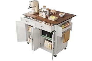 ‎DRIXNO DRIXNO Kücheninsel, Servierwagen mit ausziehbarer Arbeitsplatte, Küchenschrank,Küchentrolley,Kücheninselwagen,Speisewagen mit Vier Türen und Zwei Schubladen,Speisewagen mit Holzmaserung