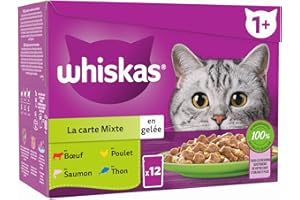 WHISKAS Pâtée pour en Gelée - 48 Sachets Fraîcheur (Lot de 4 Packs 12x85g) - La Carte Mixte (4 variétés) - Nourriture Humide Complète Adaptée aux Chats Adulte Stérilisés (L'emballage Peut Varier)