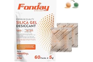 Fonday Wiederaufladbare Kieselgel-Trockenmittelpackungen, Lebensmittelqualität, schnell reaktiviert, Feuchtigkeitsanzeige, Orange bis Grün, 5 g, 60 Packungen