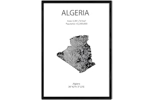 Nacnic Feuille Carte d´Algérie. Photos, Impressions et Affiches pour Le Salon, la Chambre à Coucher... Style Nordique en Noir et Blanc. Poster de Pays et Continents. Format A3 sans Cadre.