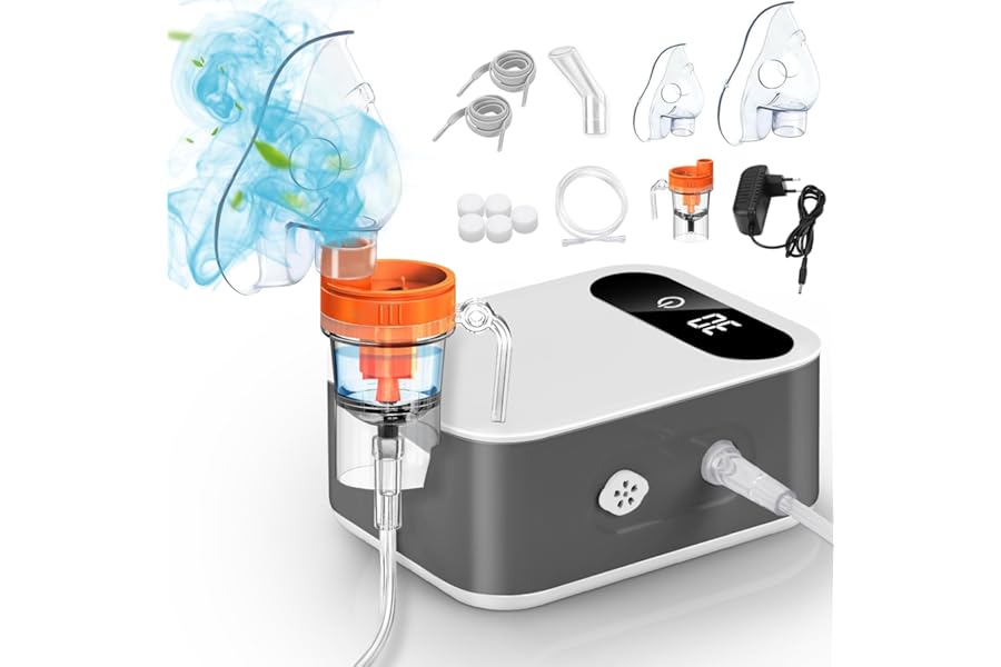 BIAOQINBO Silent Aerosol for Children Adults, Portable Microcompressor Aerosol with Digital Display, Ultrasonic Inhaler Nebulizer Aerosol Machine with Mouthpiece and Mask (Grey)