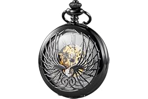 TREEWETO Skeleton Eagle Wings Design Case Roman Numeral Markers Mechanical Pocket Watch, Black