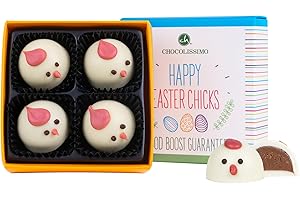 ‎CHOCOLISSIMO CHOCOLISSIMO - Ostergeschenk, 4 Happy Easter Chicks, Pralinen, Nougatpralinen in Hennen-Form | Ostern Schokolade | Osterpralinen | Mitbringsel | Alkoholfrei | ohne Alkohol | Ostergeschenke für Kinder
