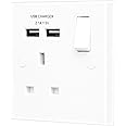 BG Electrical 921U2 Single Switched 13 A Fast Charging Power Socket with Two USB Charging Ports, 2.1 A, 5 V, 10.5 W, Square E