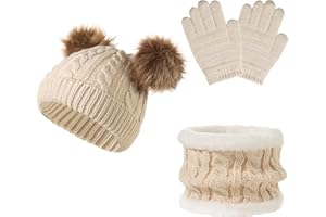 YloveM Kinderschal und Handschuhe Set, Jungen Mädchen Warmen Hut Mütze mit 2 Bommeln Strickmütze Für Kinderkinder Kinder Unisex Gestrickt Hut