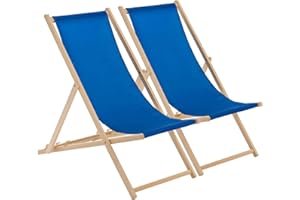 Harbour Housewares Folding Wooden Deck Chairs – Blue – Pack of 2 – Adults Traditional Foldable Reclining Outdoor Canvas Sun Lounger Chair Seat for Garden Patio, Beach, Camping