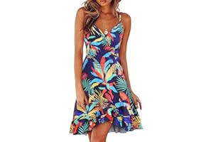 ULTRANICE Women's Summer Floral Wrap V Neck Sundress Adjustable Spaghetti Ruffle Swing Dress