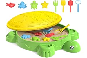 HANDWELL Schildkröten Sandkasten mit Deckel,Sandboxen mit 8PCS Sandformen und Schaufeln Kinder im Freien Sand Aktivität Sensorisches Spielset Sandspielzeug für Hinterhof Strand Sommergeschenk für Kinder 2 3 4