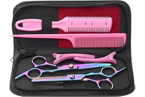 ROSARDEN 8 Pcs Hair Cutting Scissors Kits, 6" Stainless Steel Hairdressing Shears Set Professional Barber Set Thinning/Texturizing Scissors Pet Grooming Scissor Razor Comb Clip for Home Salon (Scissor Suit)