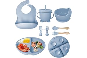 Hoidokly Kinderteller Sets Silikon, 8 Stücke Geschirr Rutschfest mit Saugnapf BabyTeller, Schüssel, Einstellbar Lätzchen, Tasse, Löffel Gabel, BPA Freie Spülmaschine und Mikrowelle Safe(Grau Blau)