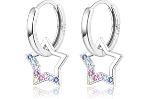 JeweBella Pendientes Niña Plata de Ley 925 Circonitas Colores Pequeños Pendientes Aro con Colgante Estrella Lindos Pendientes Aro Estrella para Niñas Mujer