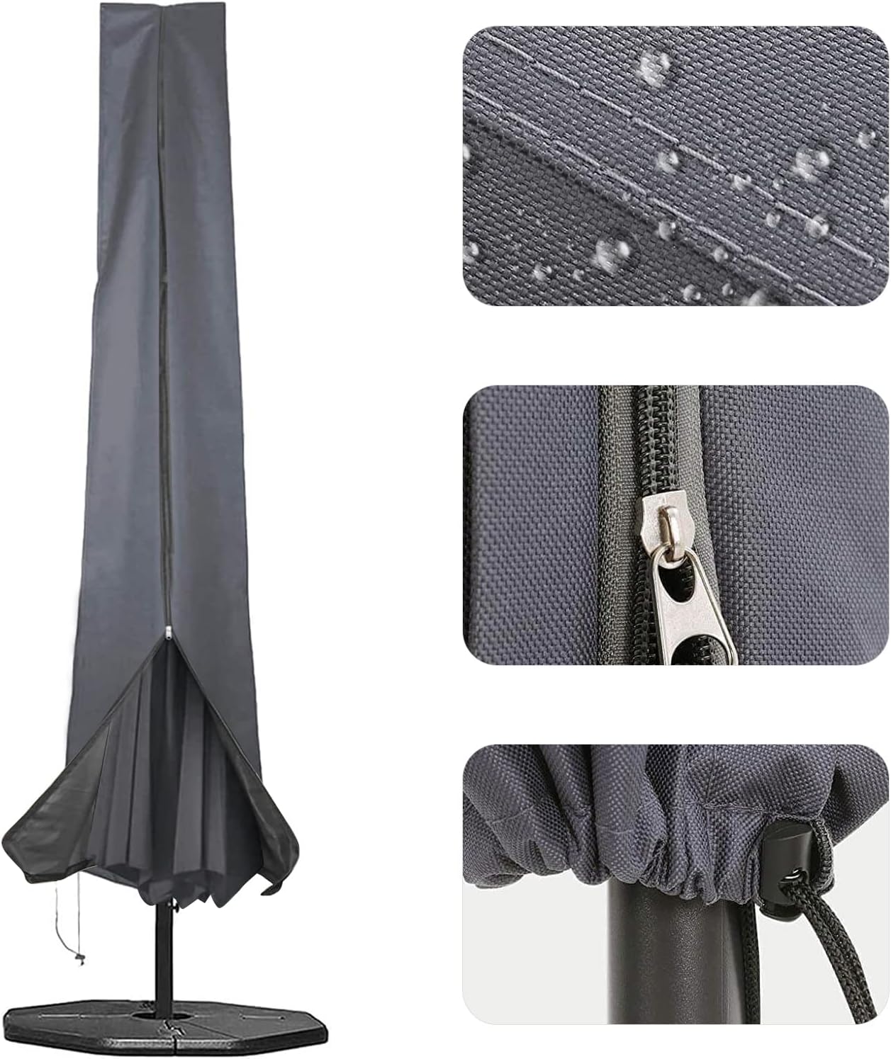 RICHIE Garden Parasol Cover for Garden Umbrella Covers Fit 2.5 to 4m Diameter Parasols 190x25x50cm Waterproof 600D Oxford PVC Coating with Heavy-duty Zip and Adjustable Drawstring Cord at Bottom, Grey