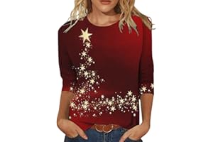 HAQUOS Weihnachtsbluse Damen - Lustig Rudolph Rentier Elfe Shirt Elegant 3/4 arm Blusen Mode Damenbluse Festliche Oberteile Pulli Elegant Slim Fit Weihnachtsbluse Weihnachtspullover mit Komisch gedruckt