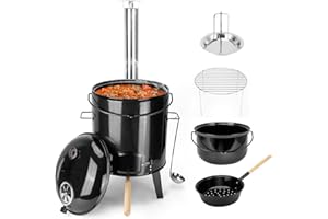 onlyfire Emailliert Gulaschkanone, Kesselgulasch mit Hähnchenbräter, Grillrost, Gulaschkessel mit Suppenkelle, Deckel, Thermometer, 14L Eintopfofen mit Grillfunktion Ofen Grill Kugelgrill für Outdoor