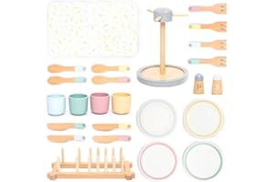 UMU Grande set di stoviglie in legno – Servizio da tavola da 28 pezzi per cucina bambini con piatti, tazze, posate e supporto – accessori da cucina per cucina giochi – stoviglie gioco di ruolo a